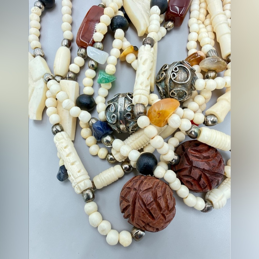 VTG 4 Strand Carved Bone Bead Necklace Jasper Carnelian Sodalite Agate Boho 24” - Picture 11 of 17